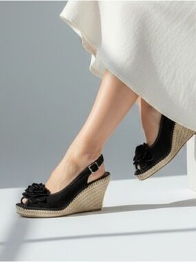 Bandolino Black Suede Espadrille Wedges with Floral Accent 8